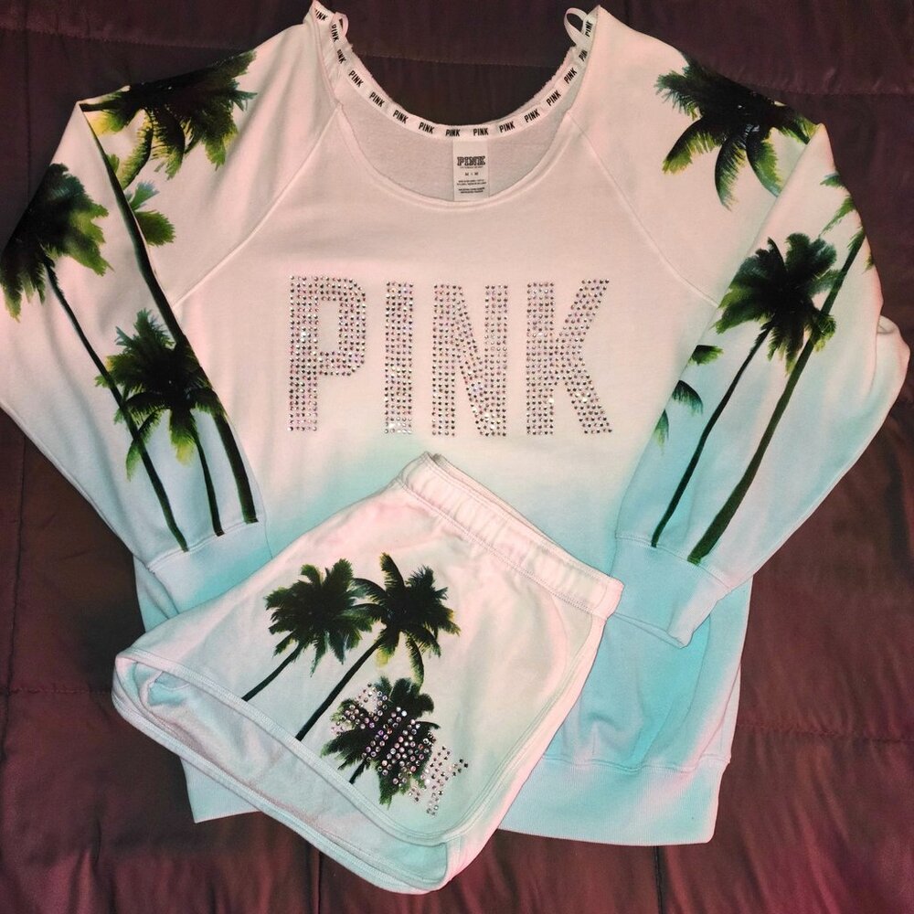 RARE Victoria's Secret PINK Bling Palm Tree Slouchy Crew Set
